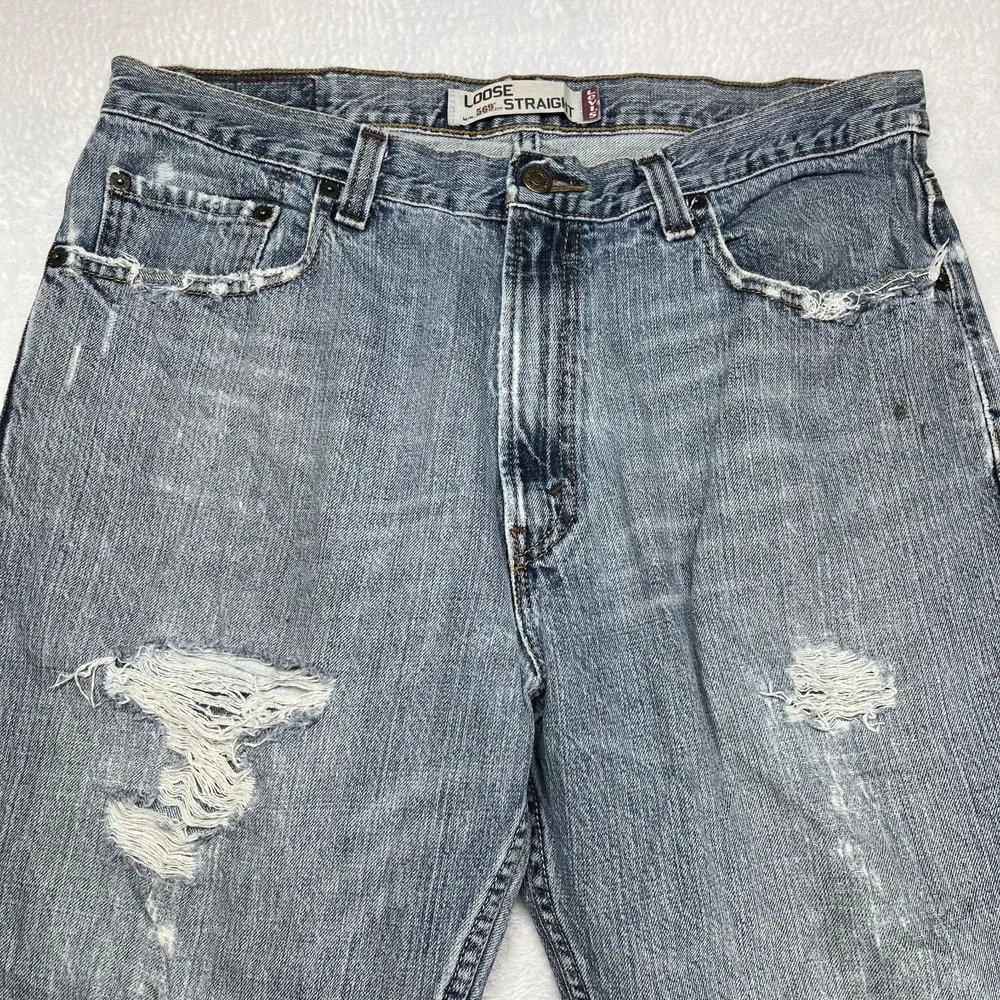 Levi's 559 Loose Fit Straight Jeans Mens Blue Denim Distressed Classic - 34X32.5